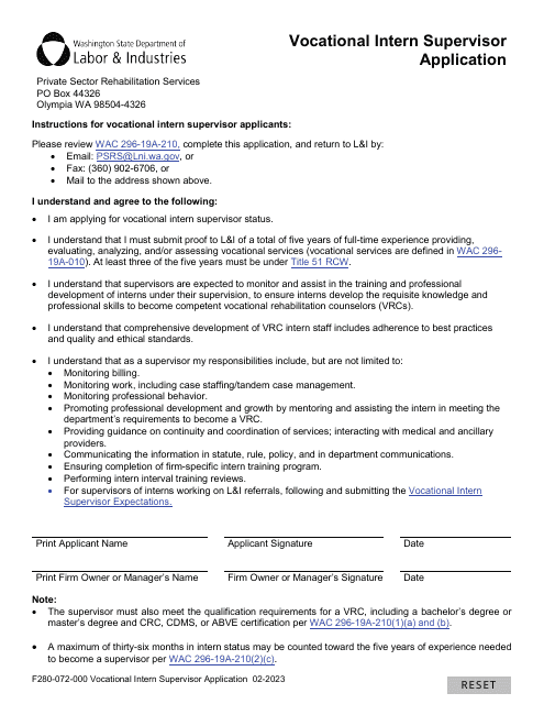 Form F280-072-000 Vocational Intern Supervisor Application - Washington