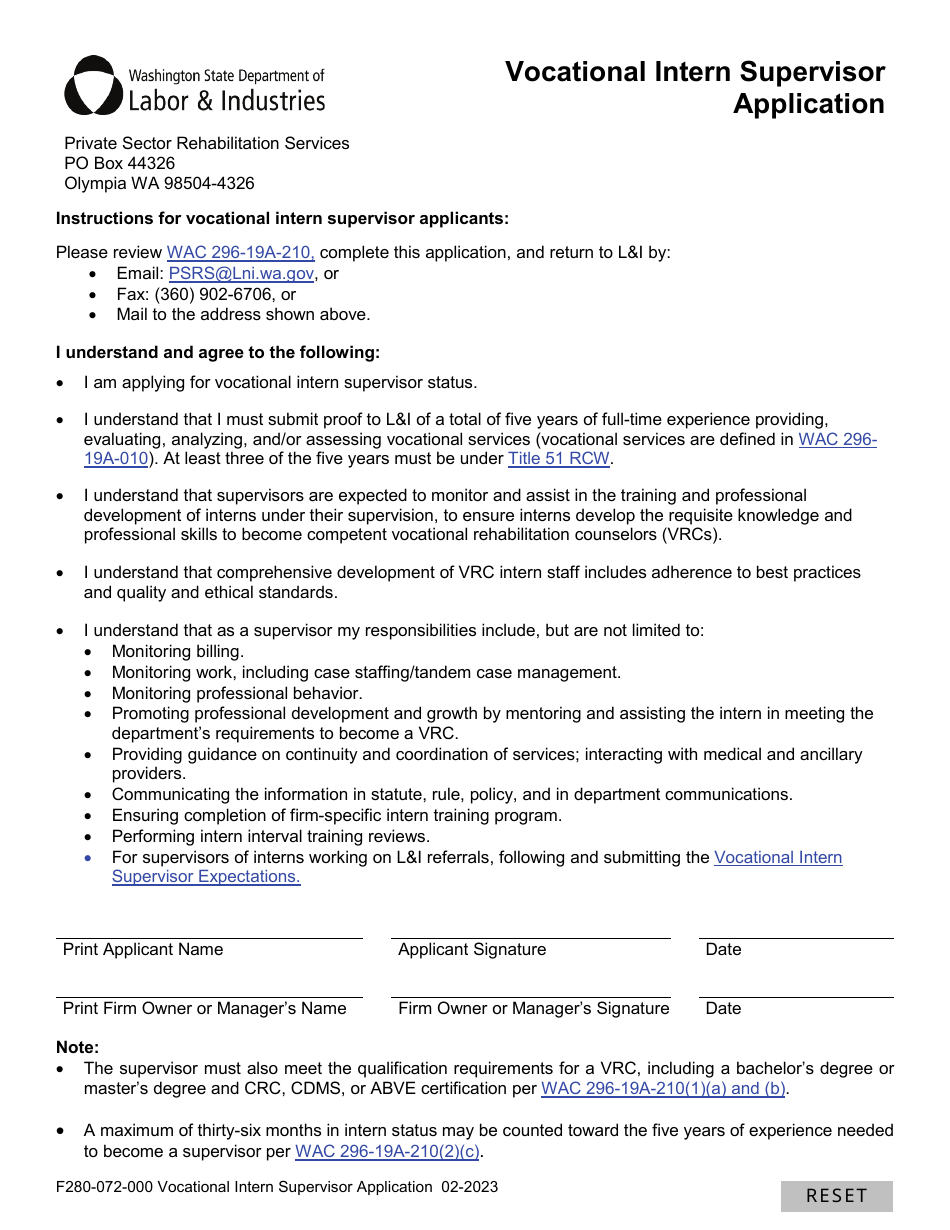 Form F280-072-000 Vocational Intern Supervisor Application - Washington, Page 1