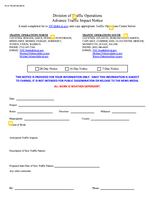 Form TO-103 Advanced Traffic Impact Notice - New Jersey