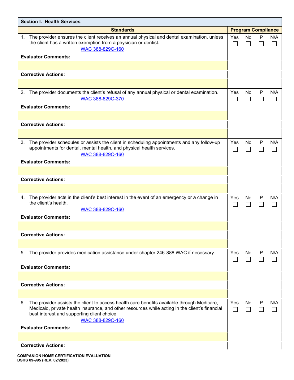 DSHS Form 09-995 Companion Home Certification Evaluation - Washington, Page 13