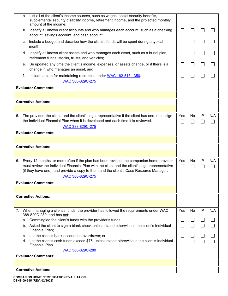DSHS Form 09-995 Companion Home Certification Evaluation - Washington, Page 18