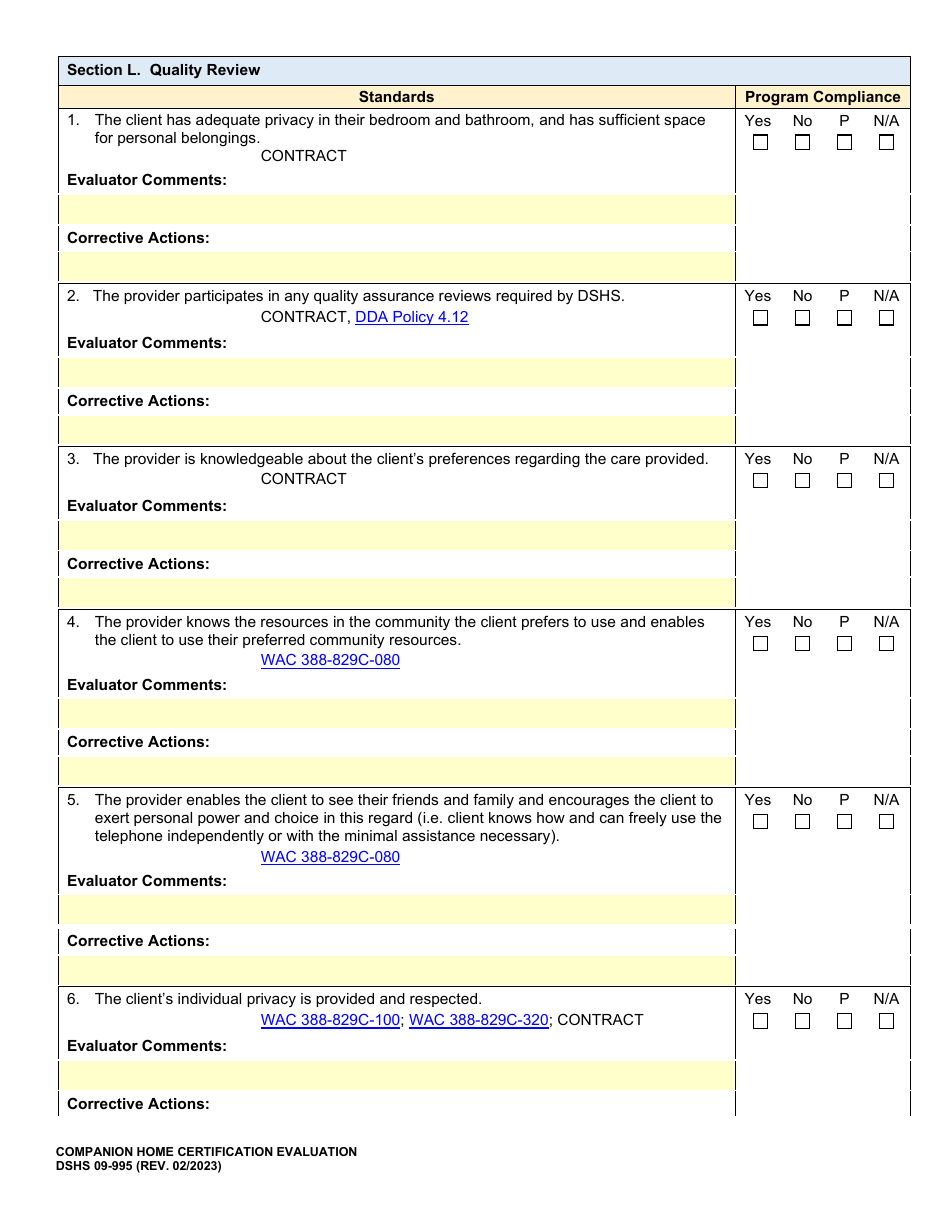 DSHS Form 09-995 Companion Home Certification Evaluation - Washington, Page 21