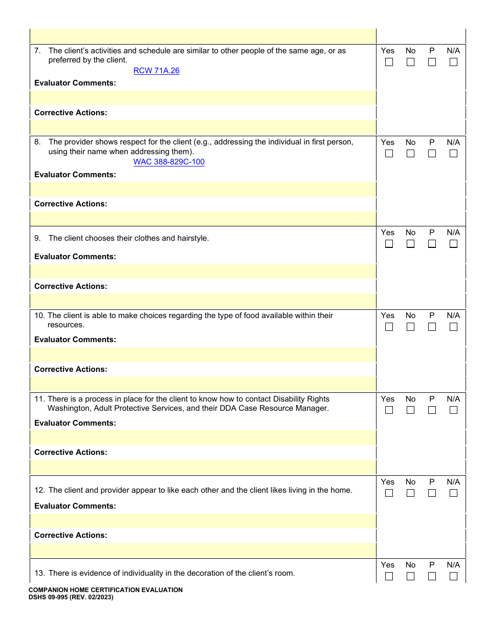 DSHS Form 09-995 Companion Home Certification Evaluation - Washington, Page 22