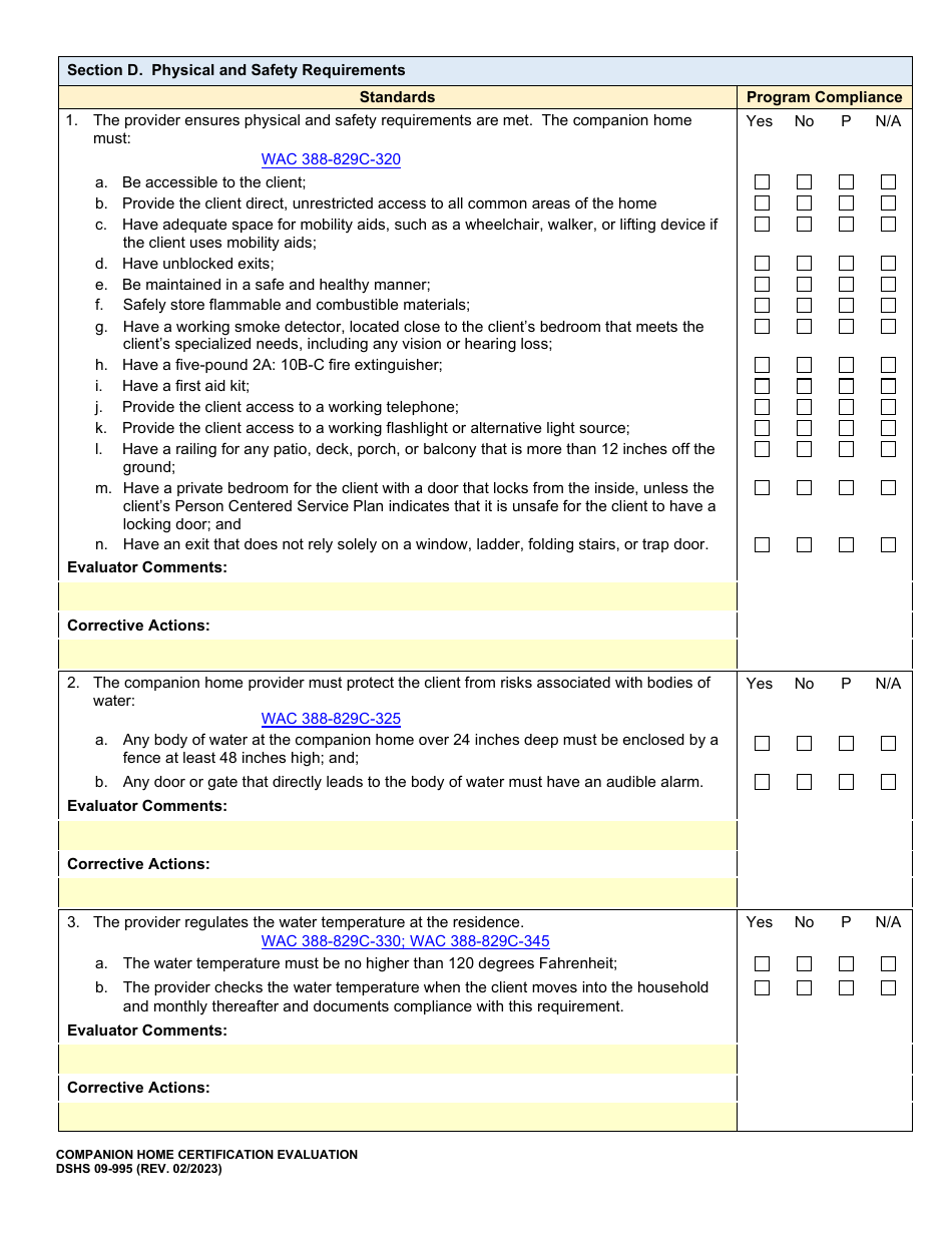 DSHS Form 09-995 Companion Home Certification Evaluation - Washington, Page 6