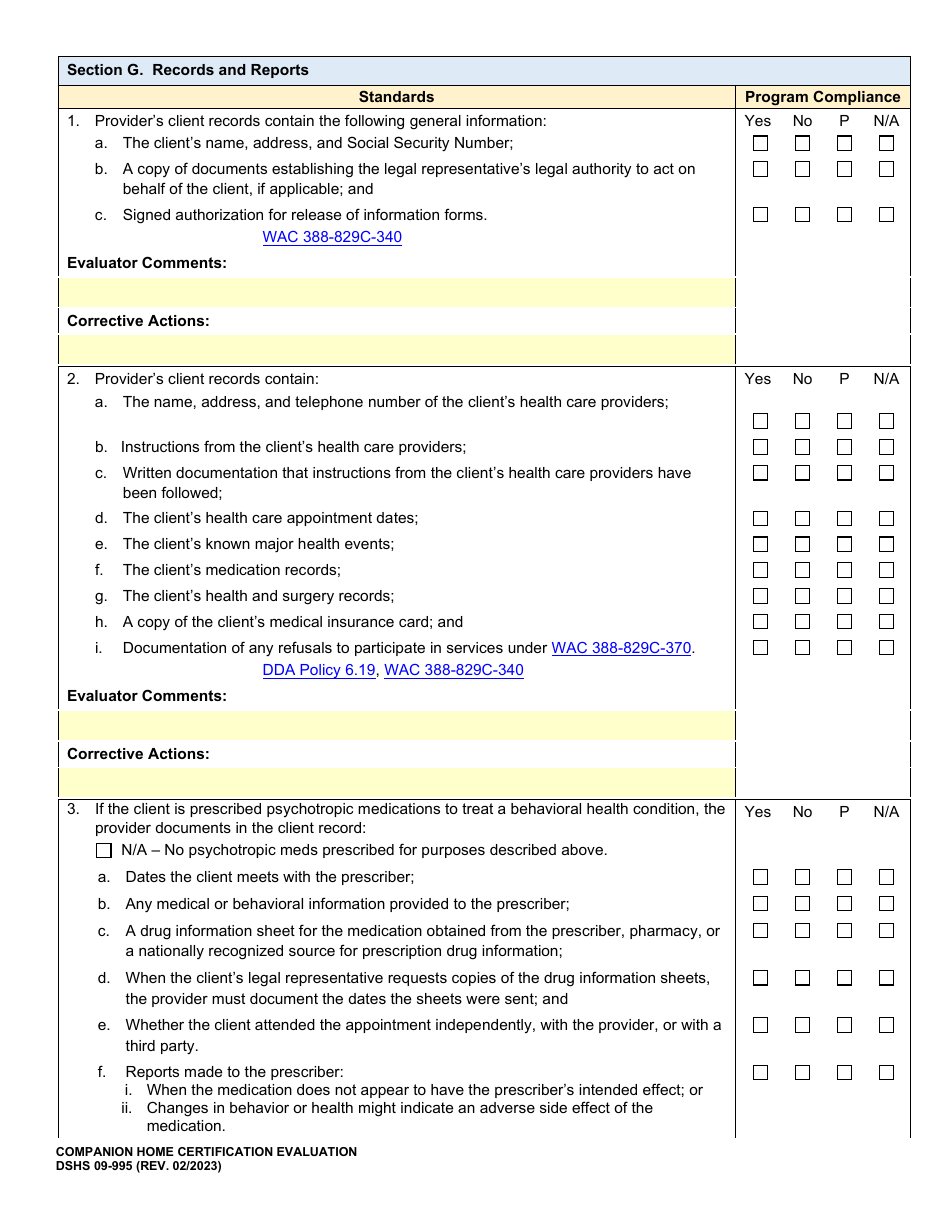 DSHS Form 09-995 Companion Home Certification Evaluation - Washington, Page 9