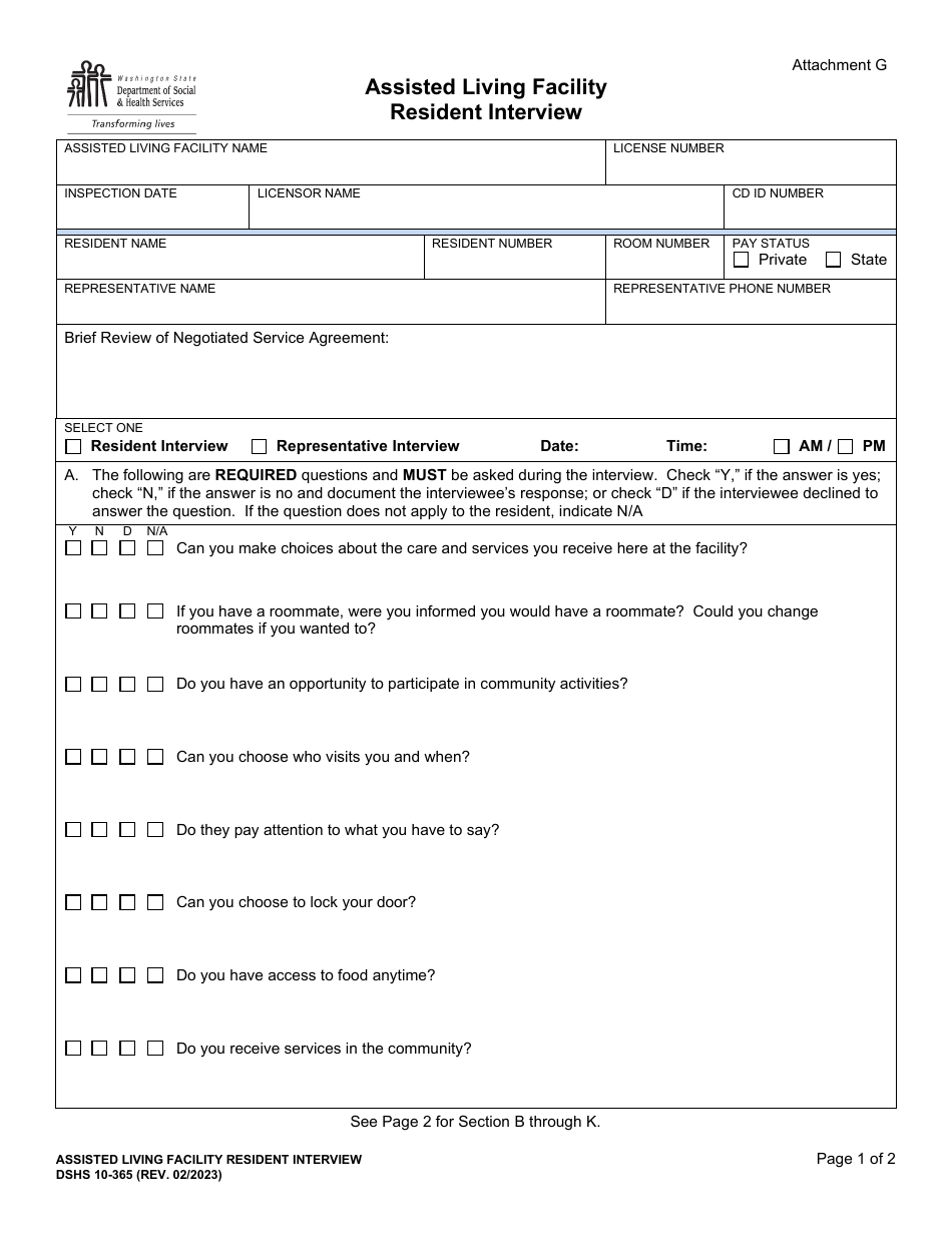DSHS Form 10-365 Attachment G Assisted Living Facility Resident Interview - Washington, Page 1