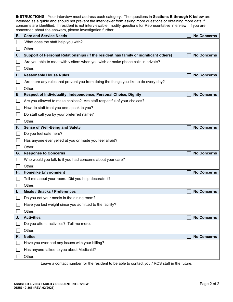 DSHS Form 10-365 Attachment G Assisted Living Facility Resident Interview - Washington, Page 2
