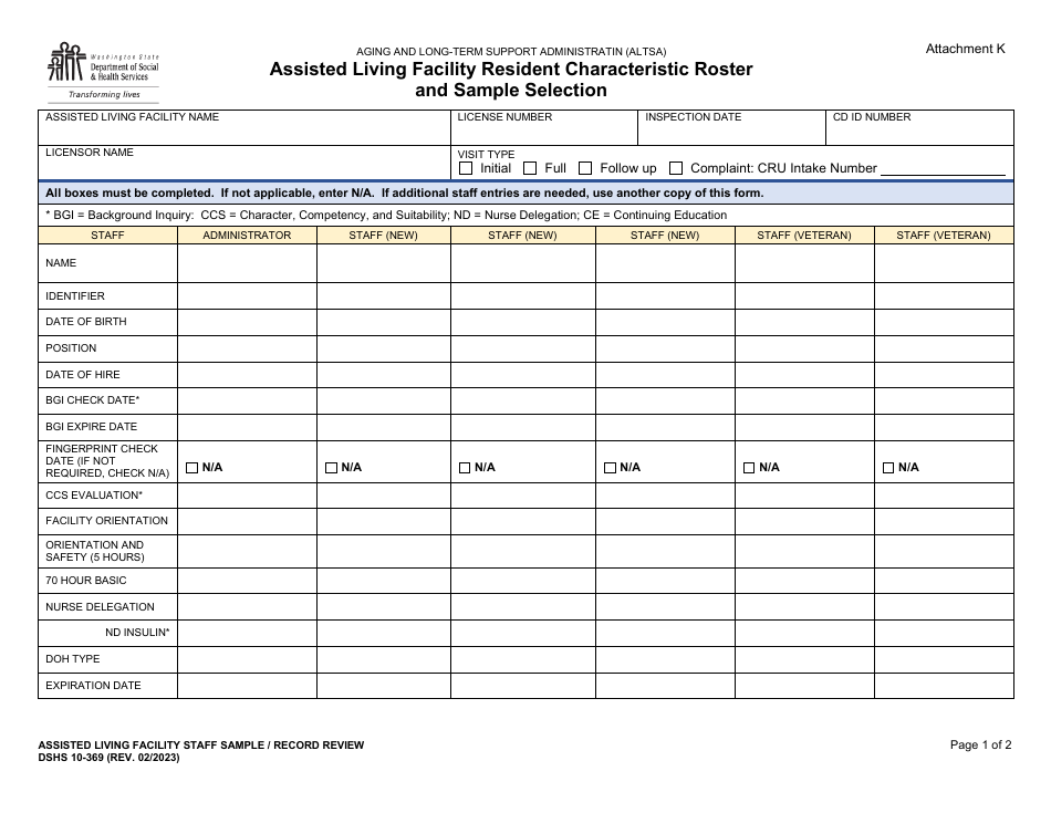 DSHS Form 10-369 Attachment K Assisted Living Facility Resident Characteristic Roster and Sample Selection - Washington, Page 1