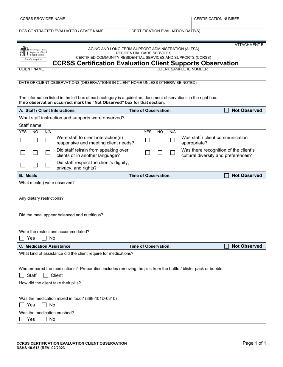 DSHS Form 10-613 Attachment B Ccrss Certification Evaluation Client Supports Observation - Washington, Page 1