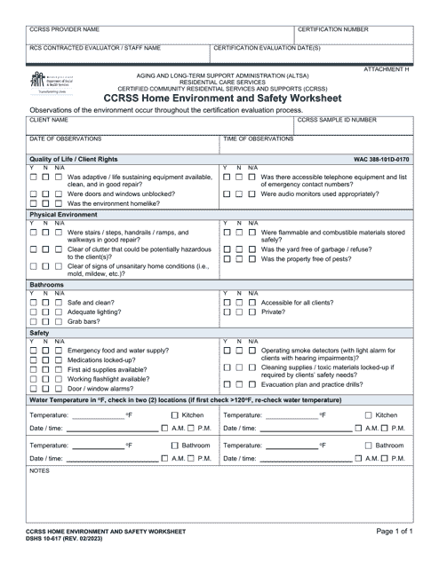 DSHS Form 10-617 Attachment H Ccrss Home Environment and Safety Worksheet - Washington