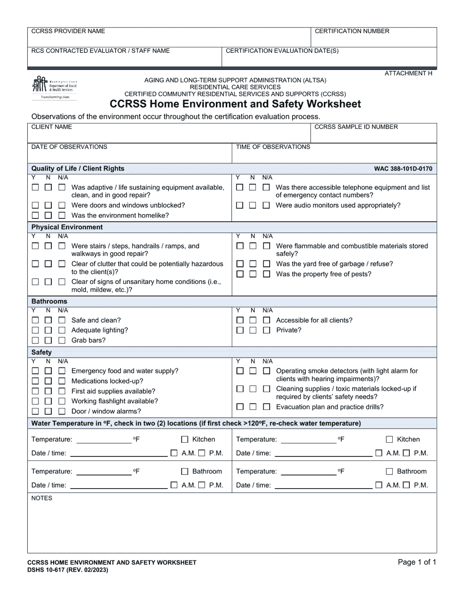 DSHS Form 10-617 Attachment H Ccrss Home Environment and Safety Worksheet - Washington, Page 1