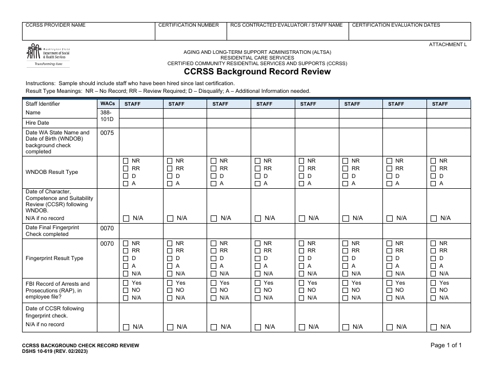 DSHS Form 10-619 Attachment L Ccrss Background Record Review - Washington, Page 1
