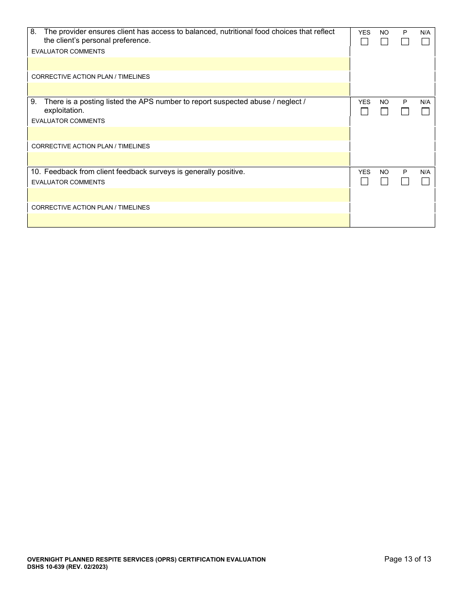 DSHS Form 10-639 Overnight Planned Respite Services (Oprs) Certification Evaluation - Washington, Page 13