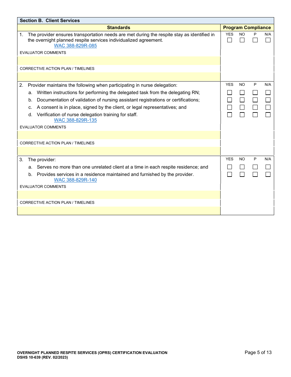 DSHS Form 10-639 Overnight Planned Respite Services (Oprs) Certification Evaluation - Washington, Page 5