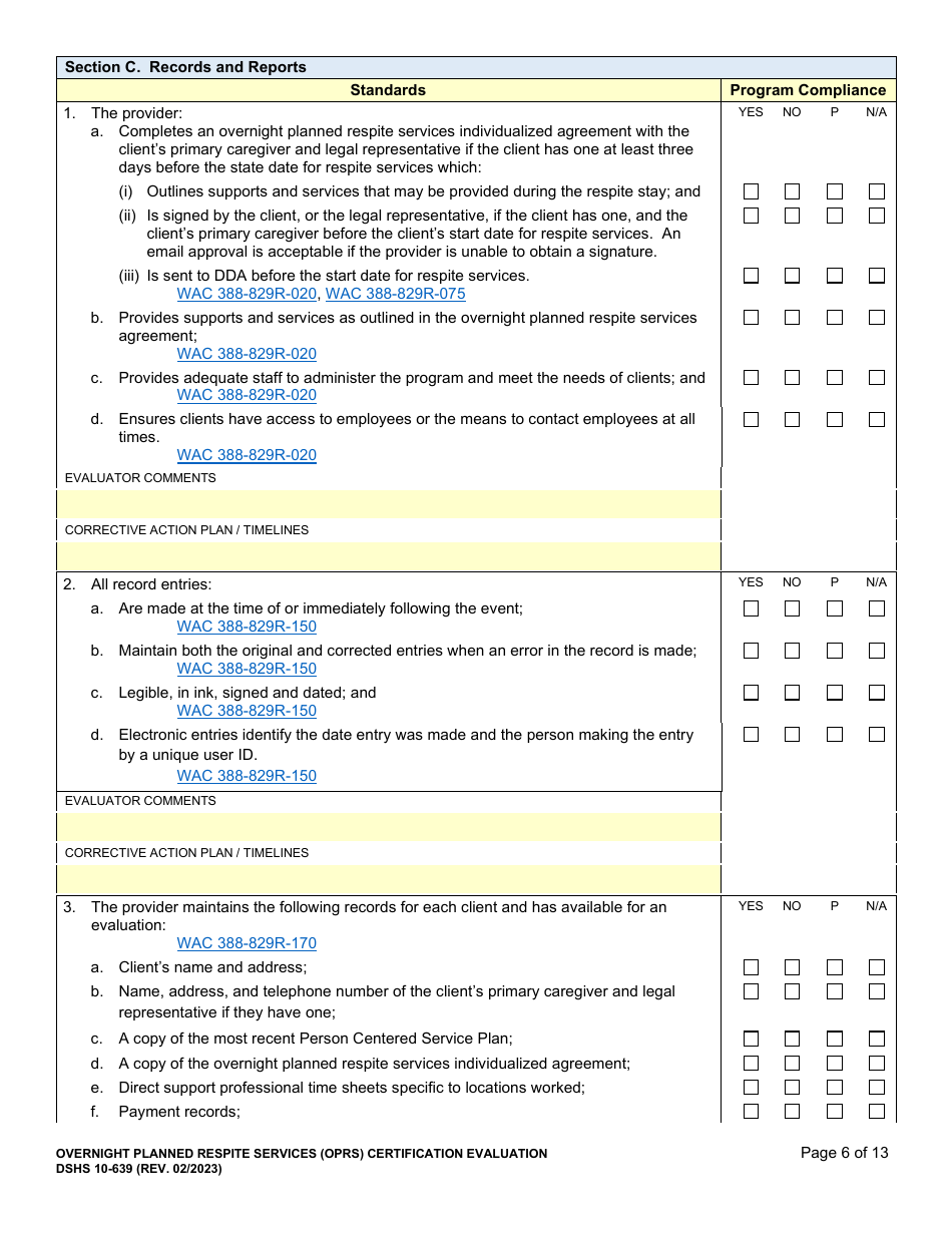 DSHS Form 10-639 Overnight Planned Respite Services (Oprs) Certification Evaluation - Washington, Page 6
