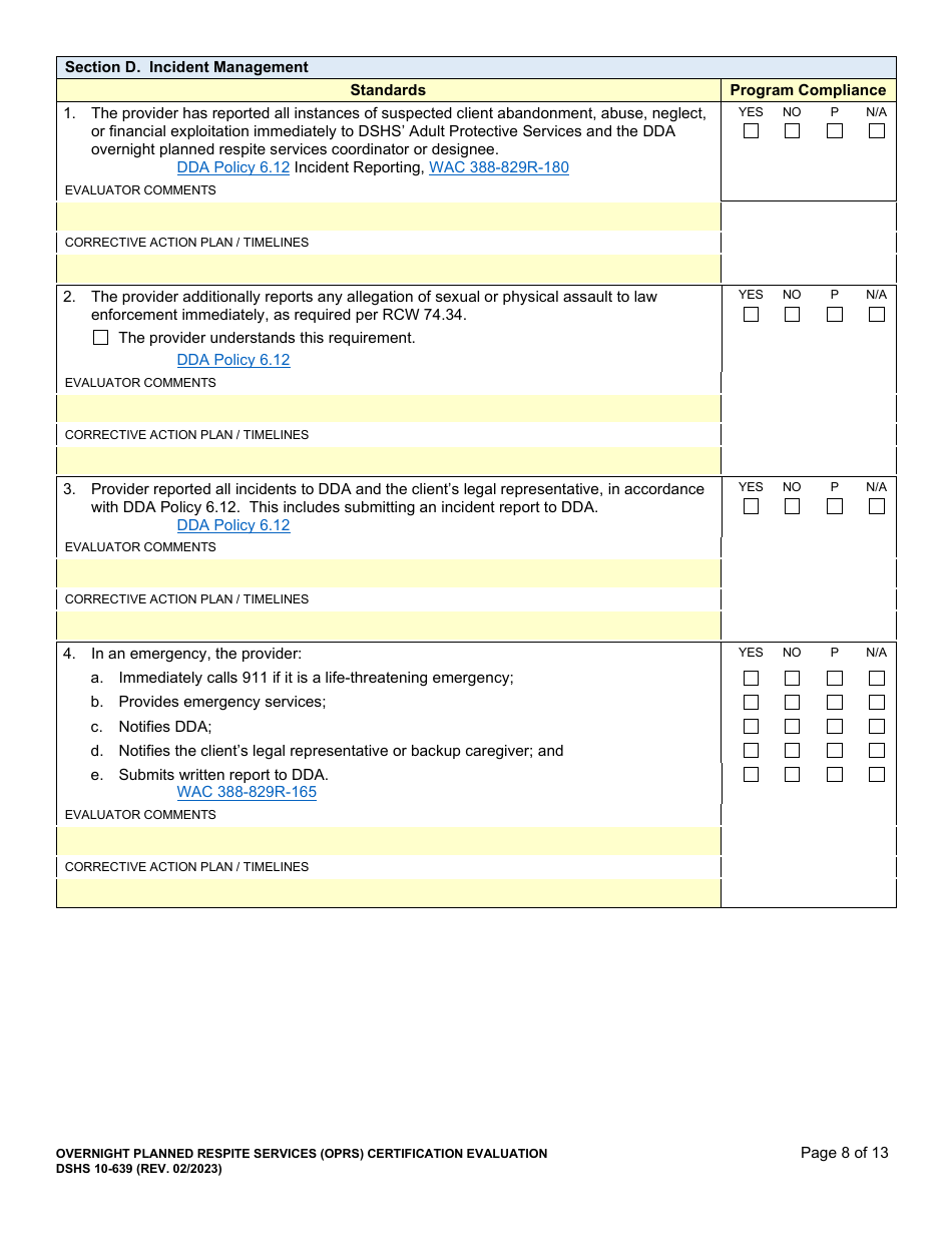 DSHS Form 10-639 Overnight Planned Respite Services (Oprs) Certification Evaluation - Washington, Page 8