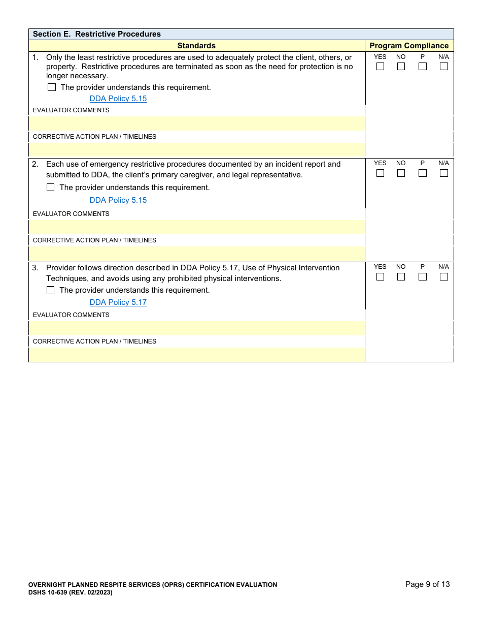 DSHS Form 10-639 Overnight Planned Respite Services (Oprs) Certification Evaluation - Washington, Page 9