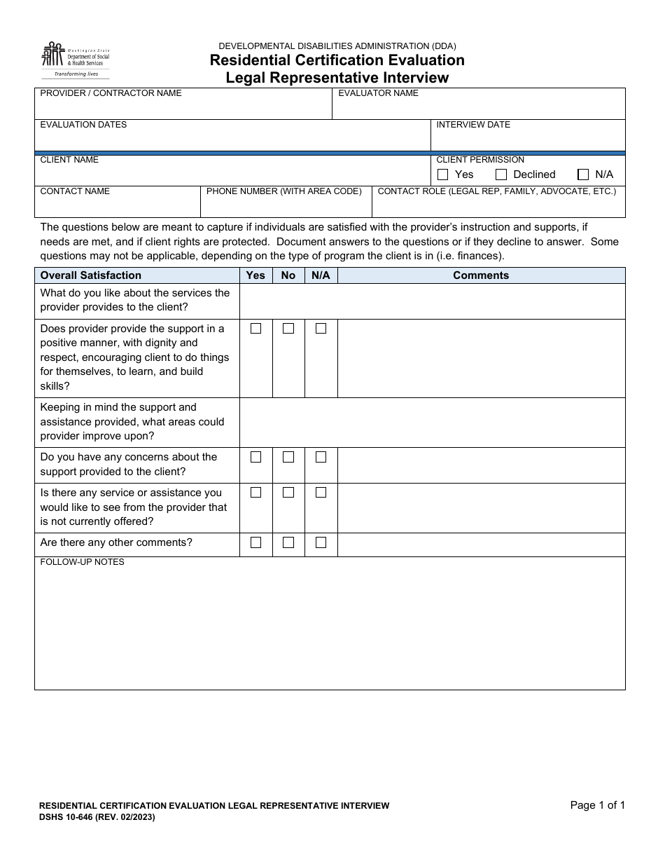 DSHS Form 10-646 Residential Certification Evaluation Legal Representative Interview - Washington, Page 1