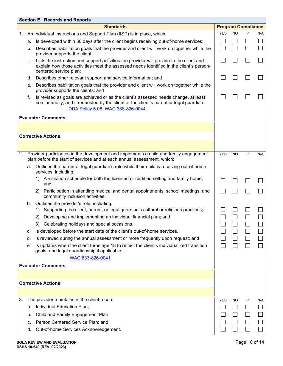 DSHS Form 10-649 Childrens State Operated Living Alternatives (Sola) Certification Evaluation - Washington, Page 10