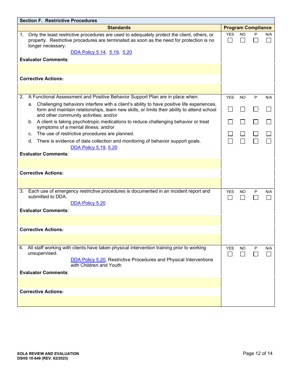 DSHS Form 10-649 Childrens State Operated Living Alternatives (Sola) Certification Evaluation - Washington, Page 12