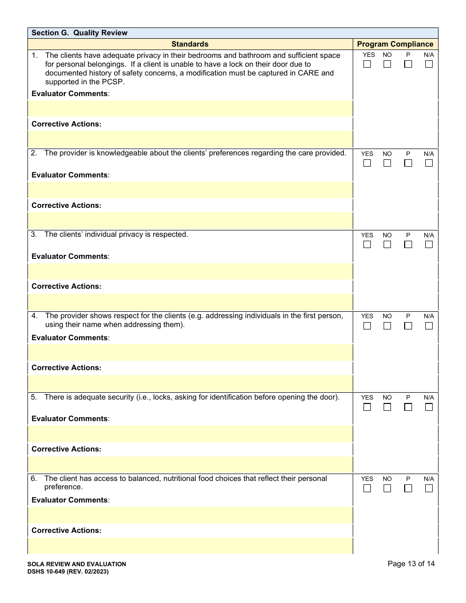 DSHS Form 10-649 Childrens State Operated Living Alternatives (Sola) Certification Evaluation - Washington, Page 13