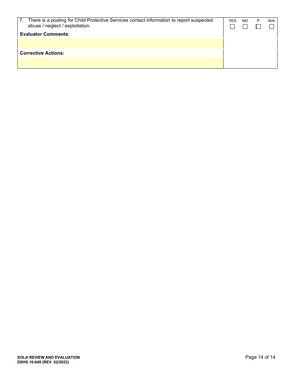 DSHS Form 10-649 Childrens State Operated Living Alternatives (Sola) Certification Evaluation - Washington, Page 14