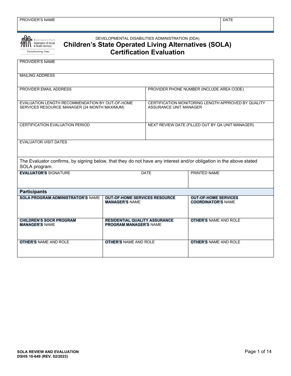 DSHS Form 10-649 Childrens State Operated Living Alternatives (Sola) Certification Evaluation - Washington, Page 1