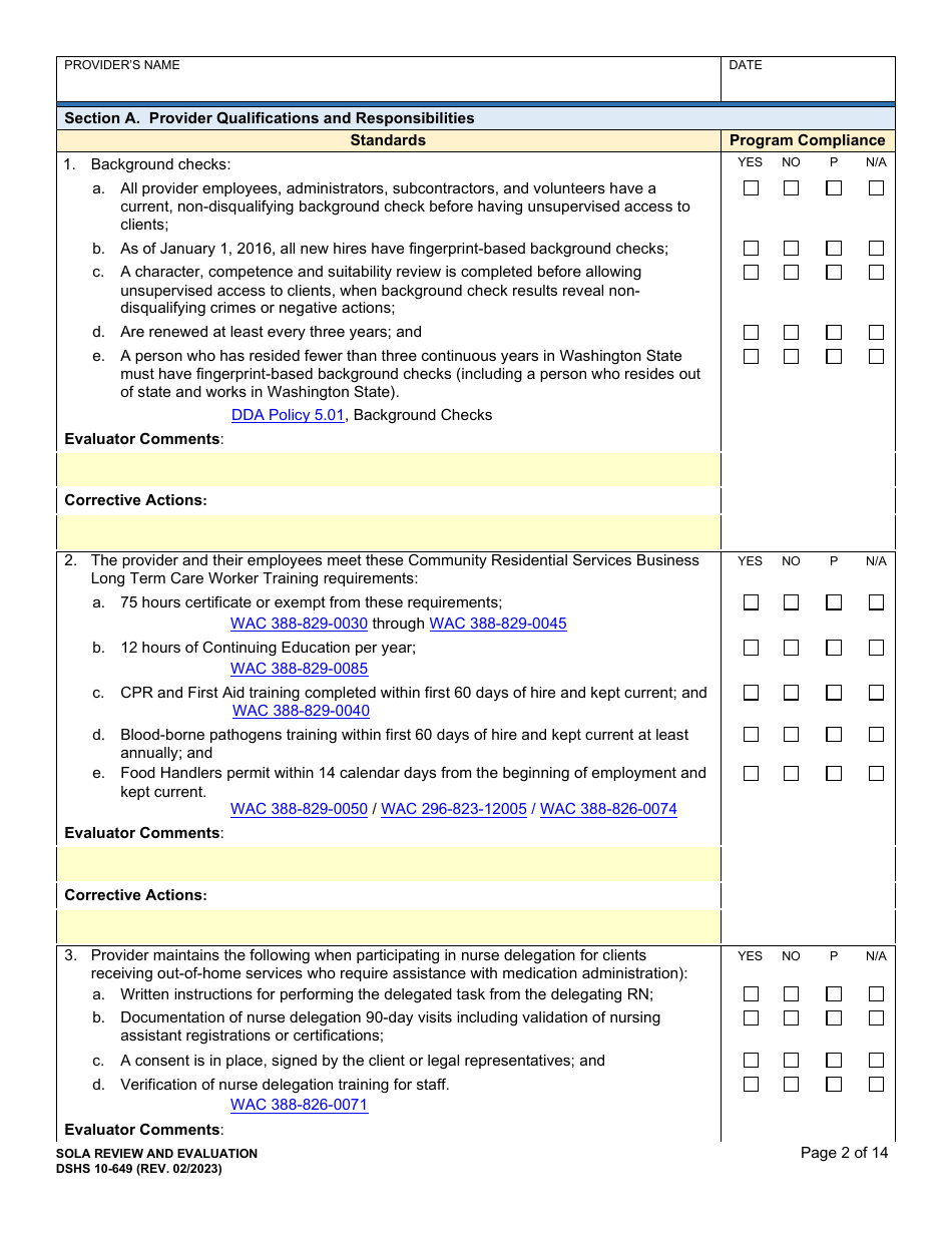 DSHS Form 10-649 Childrens State Operated Living Alternatives (Sola) Certification Evaluation - Washington, Page 2