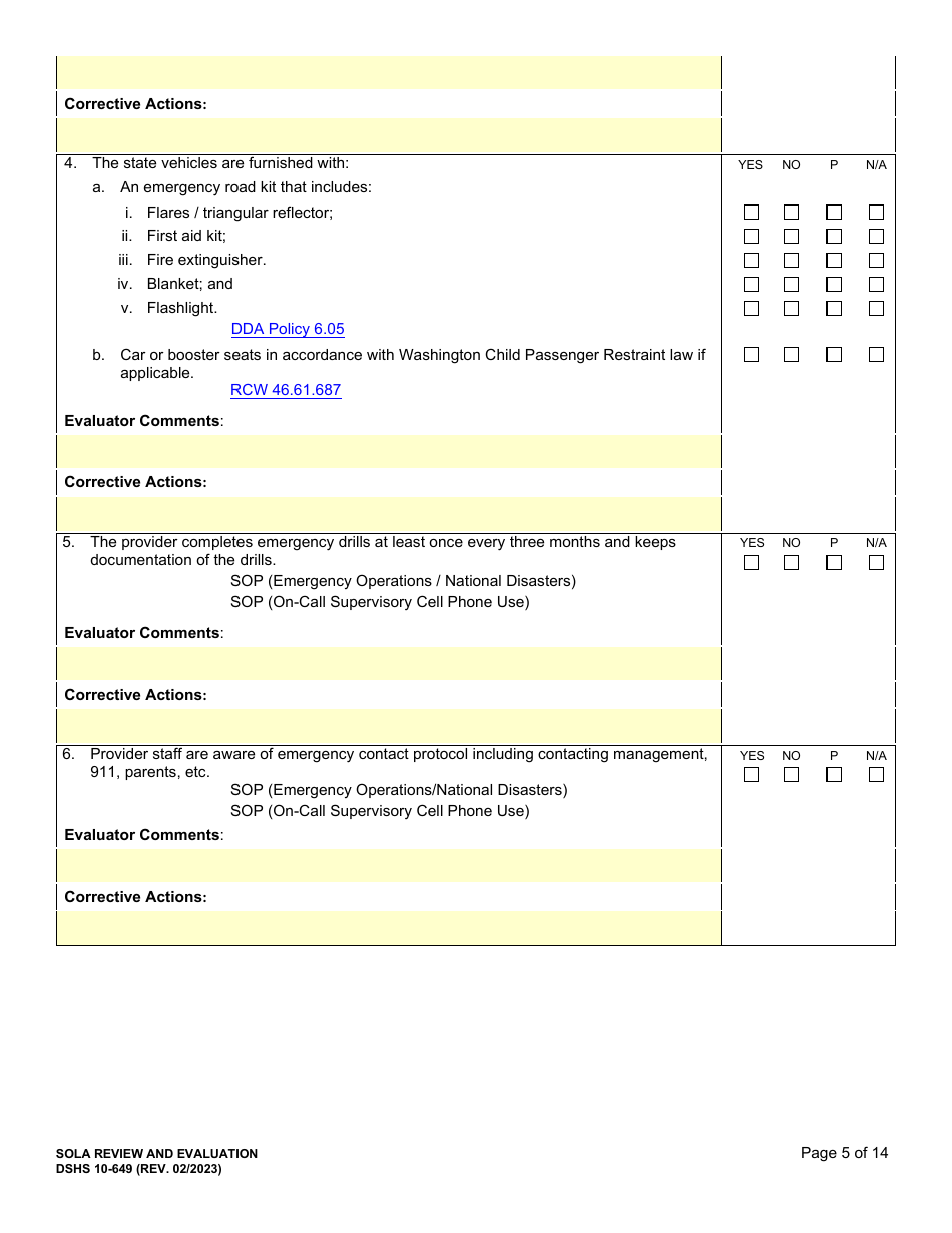 DSHS Form 10-649 Childrens State Operated Living Alternatives (Sola) Certification Evaluation - Washington, Page 5