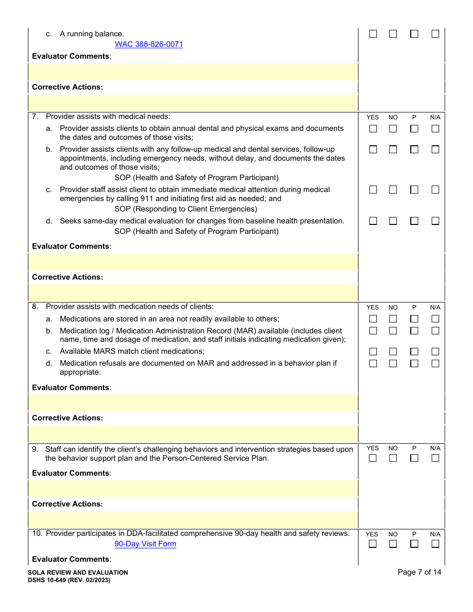 DSHS Form 10-649 Childrens State Operated Living Alternatives (Sola) Certification Evaluation - Washington, Page 7
