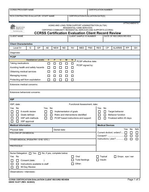 DSHS Form 10-677 Attachment E  Printable Pdf