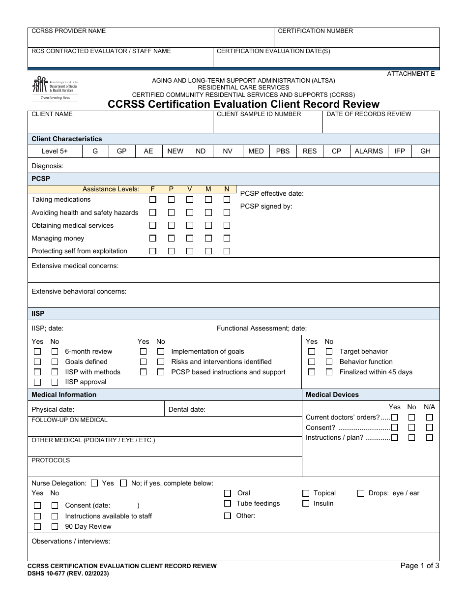DSHS Form 10-677 Attachment E Ccrss Certification Evaluation Client Record Review - Washington, Page 1