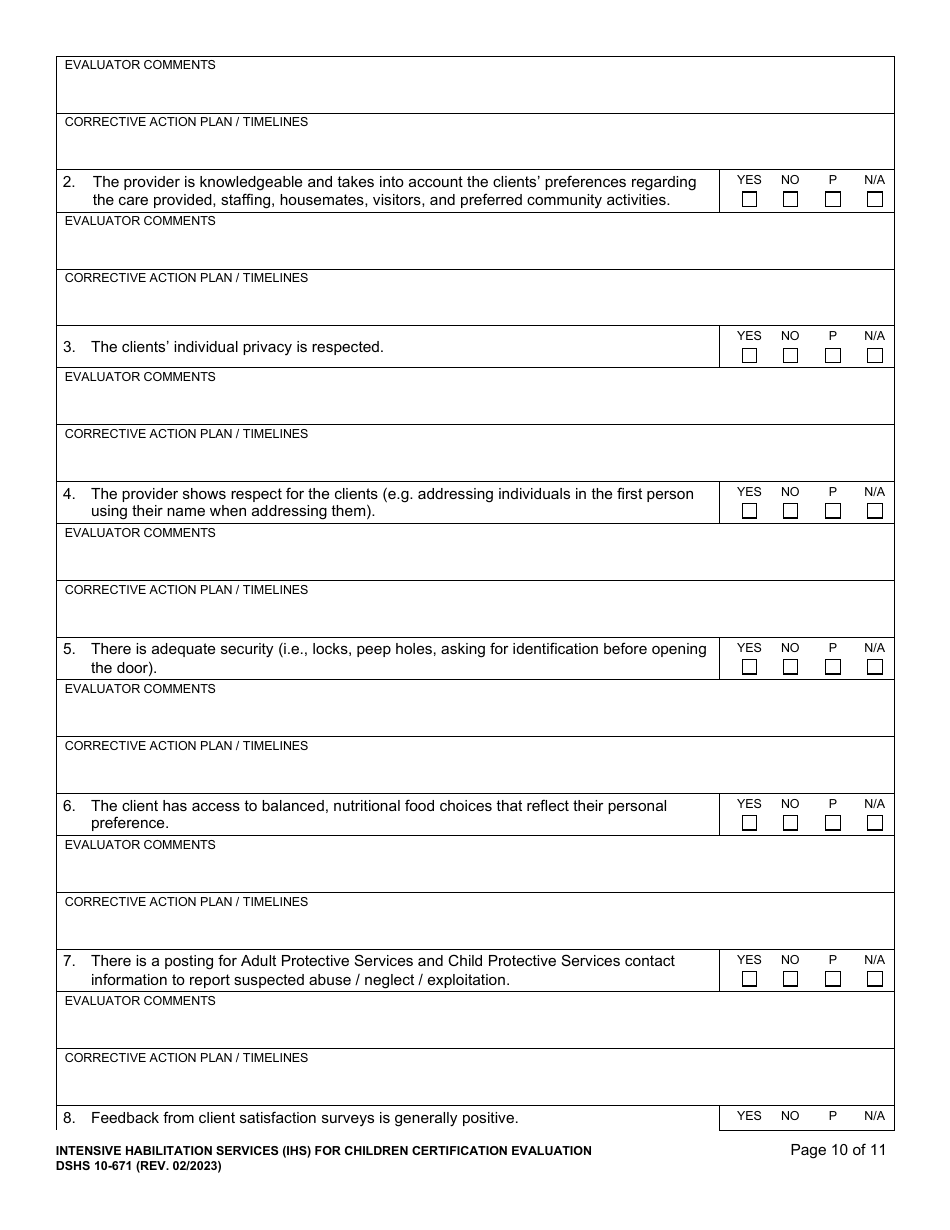 DSHS Form 10-671 Intensive Habilitation Services for Children Certification Evaluation - Washington, Page 10