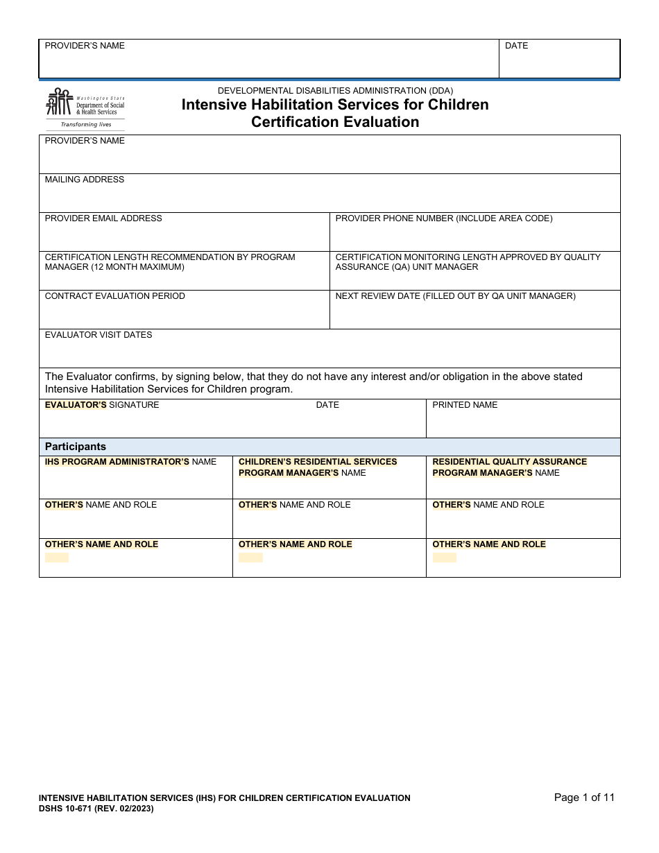 DSHS Form 10-671 Intensive Habilitation Services for Children Certification Evaluation - Washington, Page 1