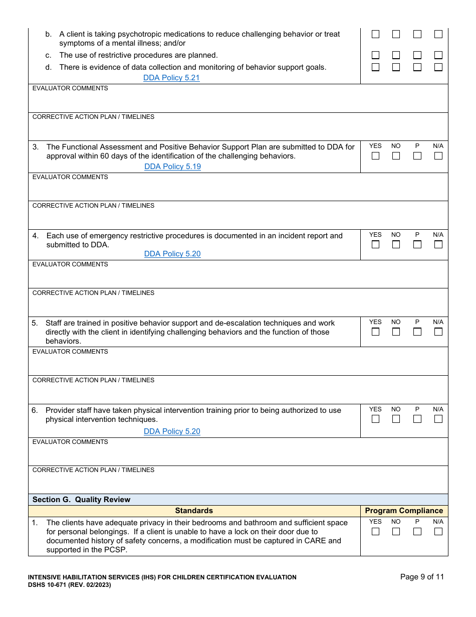 DSHS Form 10-671 Intensive Habilitation Services for Children Certification Evaluation - Washington, Page 9