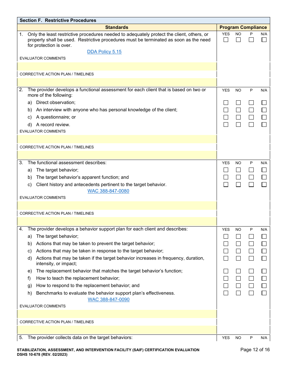 DSHS Form 10-678 Stabilization, Assessment, and Intervention Facility (Saif) Certification Evaluation - Washington, Page 12