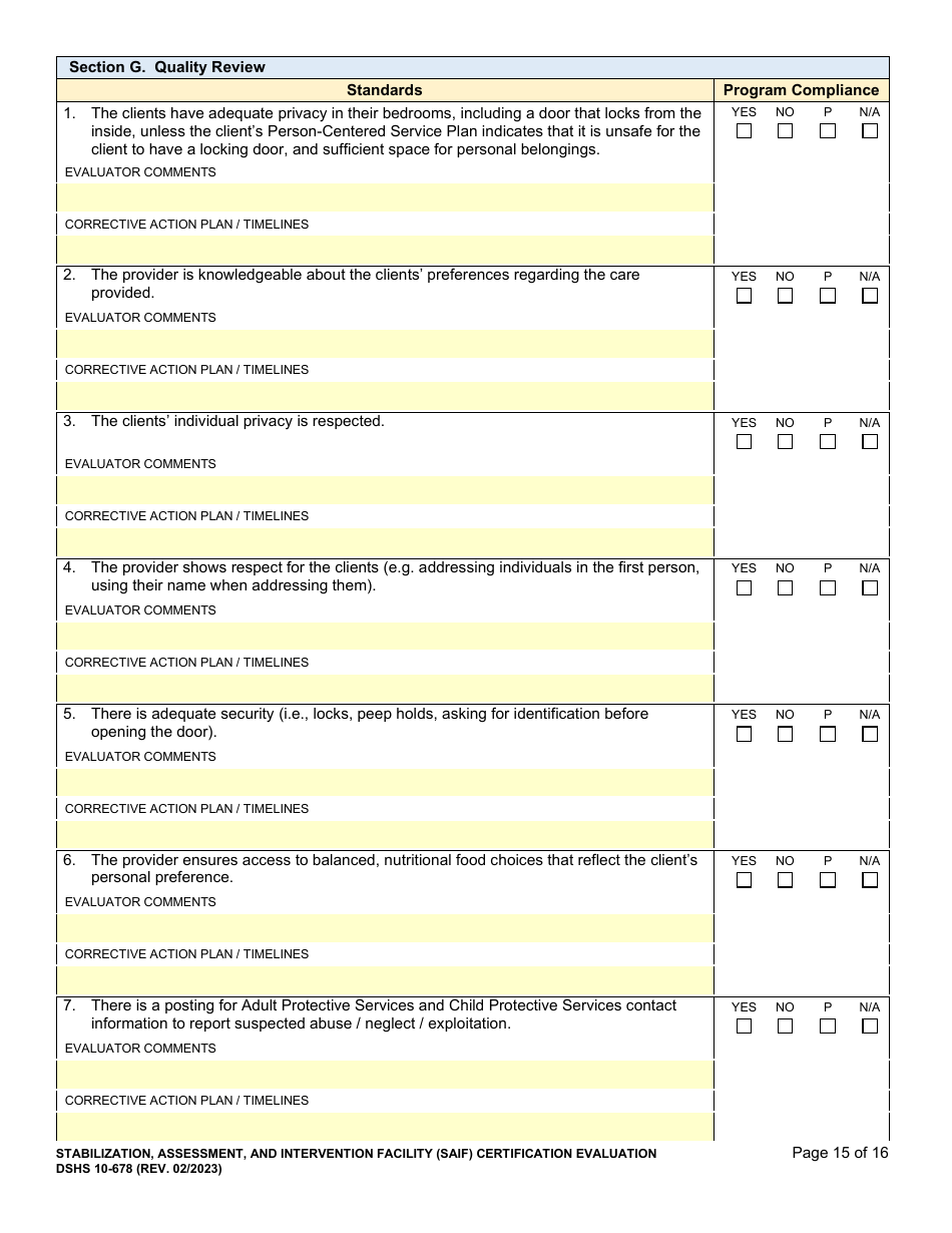 DSHS Form 10-678 Stabilization, Assessment, and Intervention Facility (Saif) Certification Evaluation - Washington, Page 15