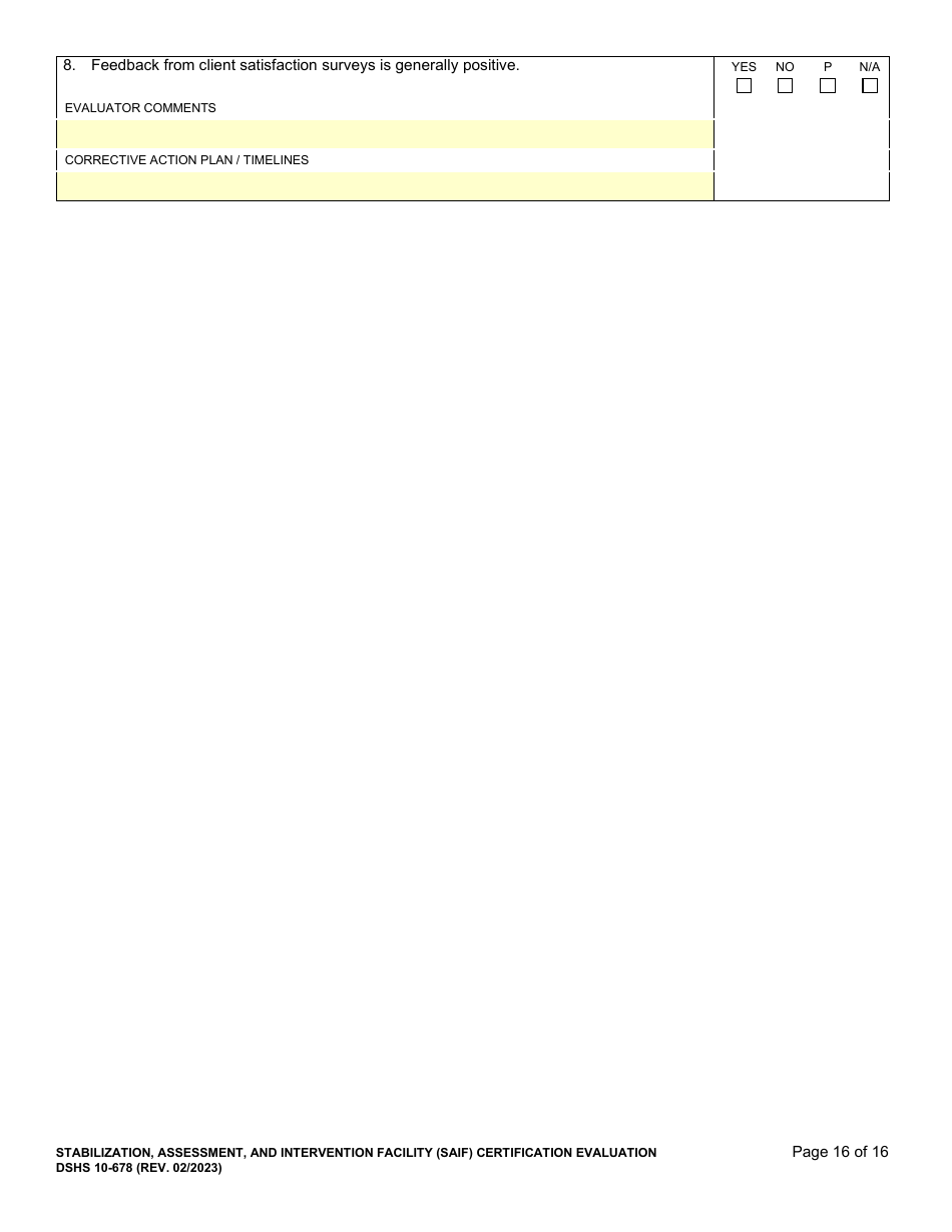 DSHS Form 10-678 Stabilization, Assessment, and Intervention Facility (Saif) Certification Evaluation - Washington, Page 16