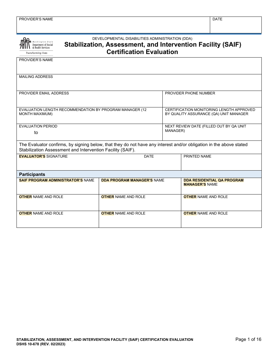 DSHS Form 10-678 Stabilization, Assessment, and Intervention Facility (Saif) Certification Evaluation - Washington, Page 1