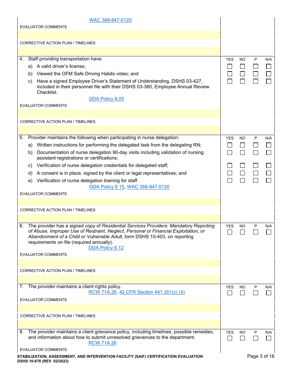 DSHS Form 10-678 Stabilization, Assessment, and Intervention Facility (Saif) Certification Evaluation - Washington, Page 3