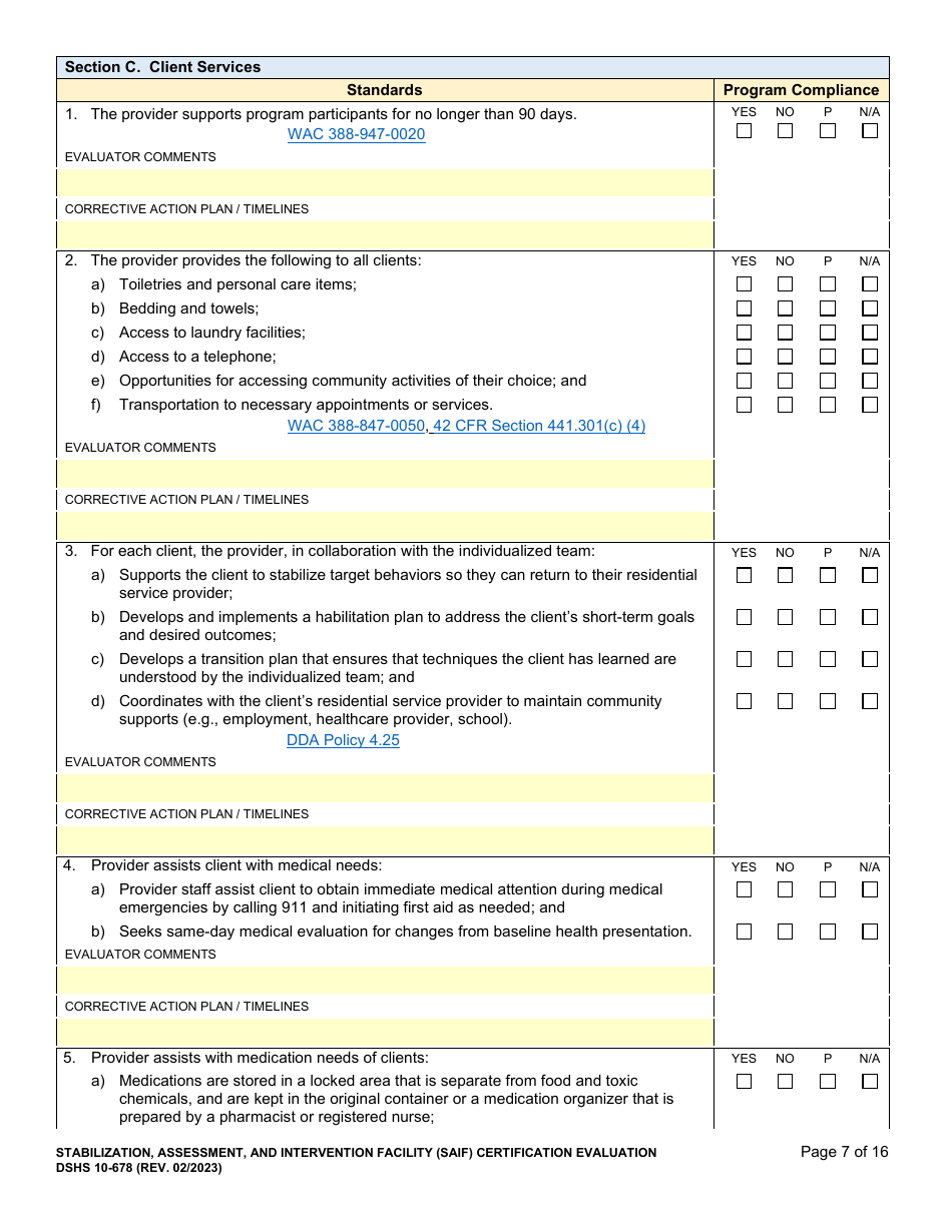 DSHS Form 10-678 Stabilization, Assessment, and Intervention Facility (Saif) Certification Evaluation - Washington, Page 7