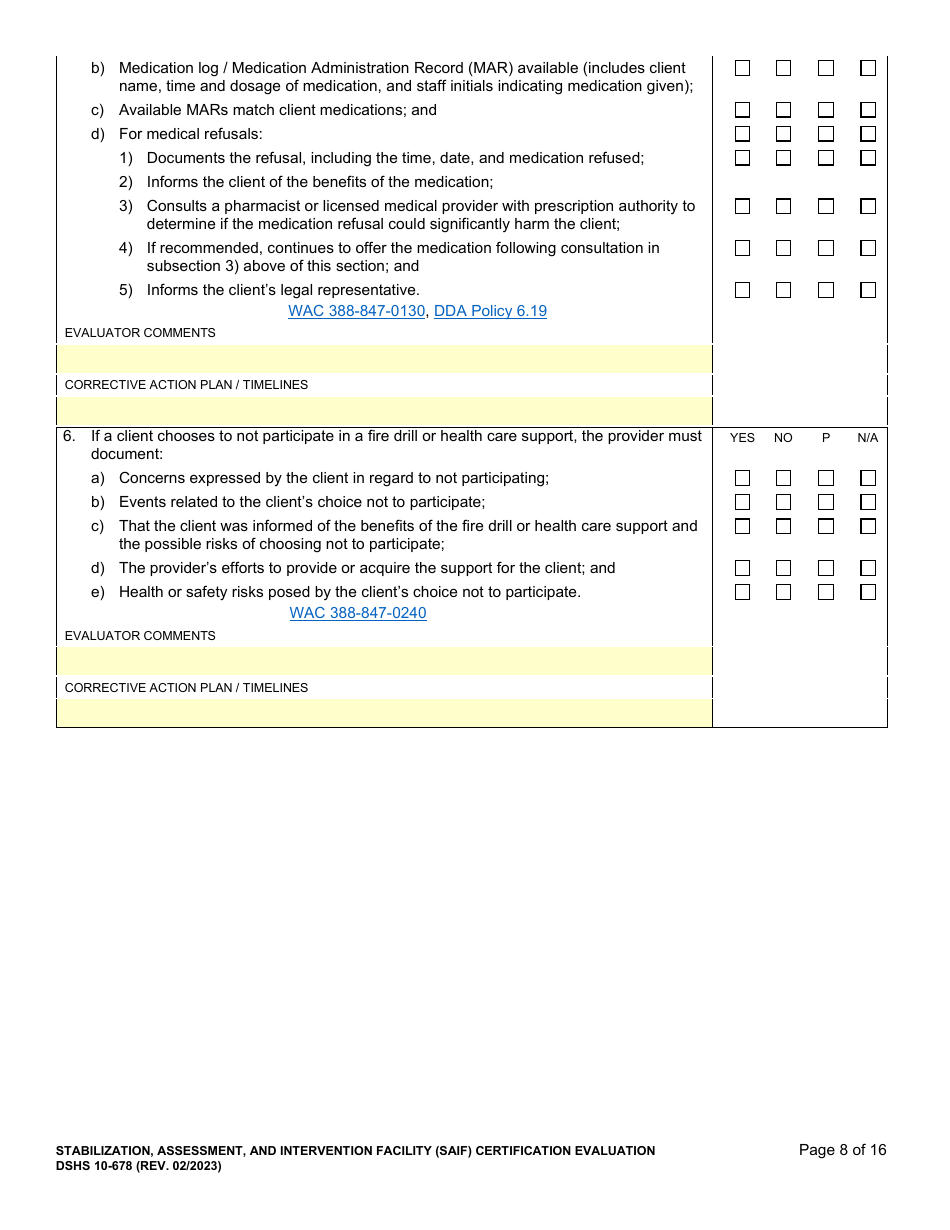 DSHS Form 10-678 Stabilization, Assessment, and Intervention Facility (Saif) Certification Evaluation - Washington, Page 8