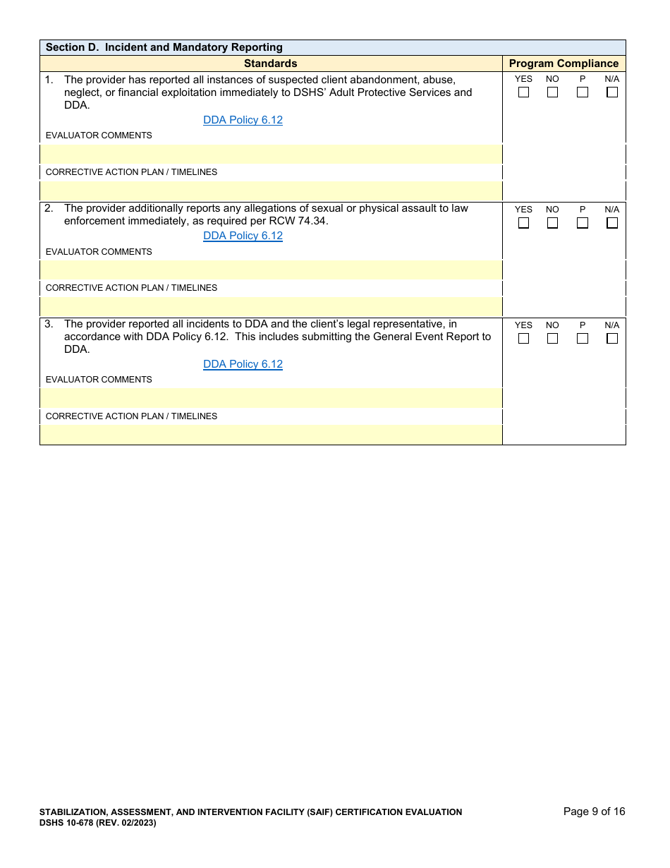 DSHS Form 10-678 Stabilization, Assessment, and Intervention Facility (Saif) Certification Evaluation - Washington, Page 9