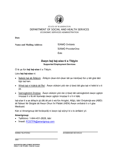 DSHS Form 11-146 Supported Employment Services - Washington (Yoruba)