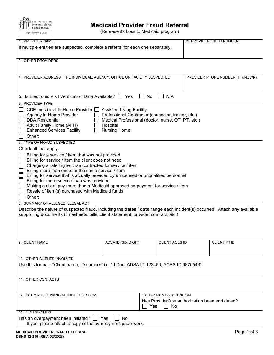 DSHS Form 12-210 Medicaid Provider Fraud Referral - Washington, Page 1