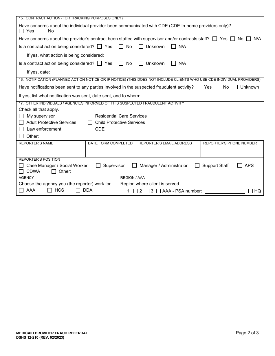 DSHS Form 12-210 Medicaid Provider Fraud Referral - Washington, Page 2