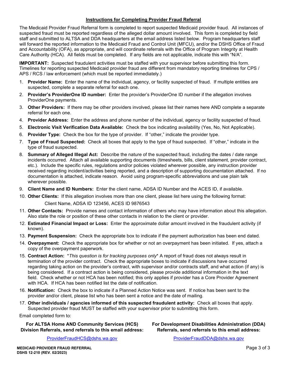 DSHS Form 12-210 Medicaid Provider Fraud Referral - Washington, Page 3