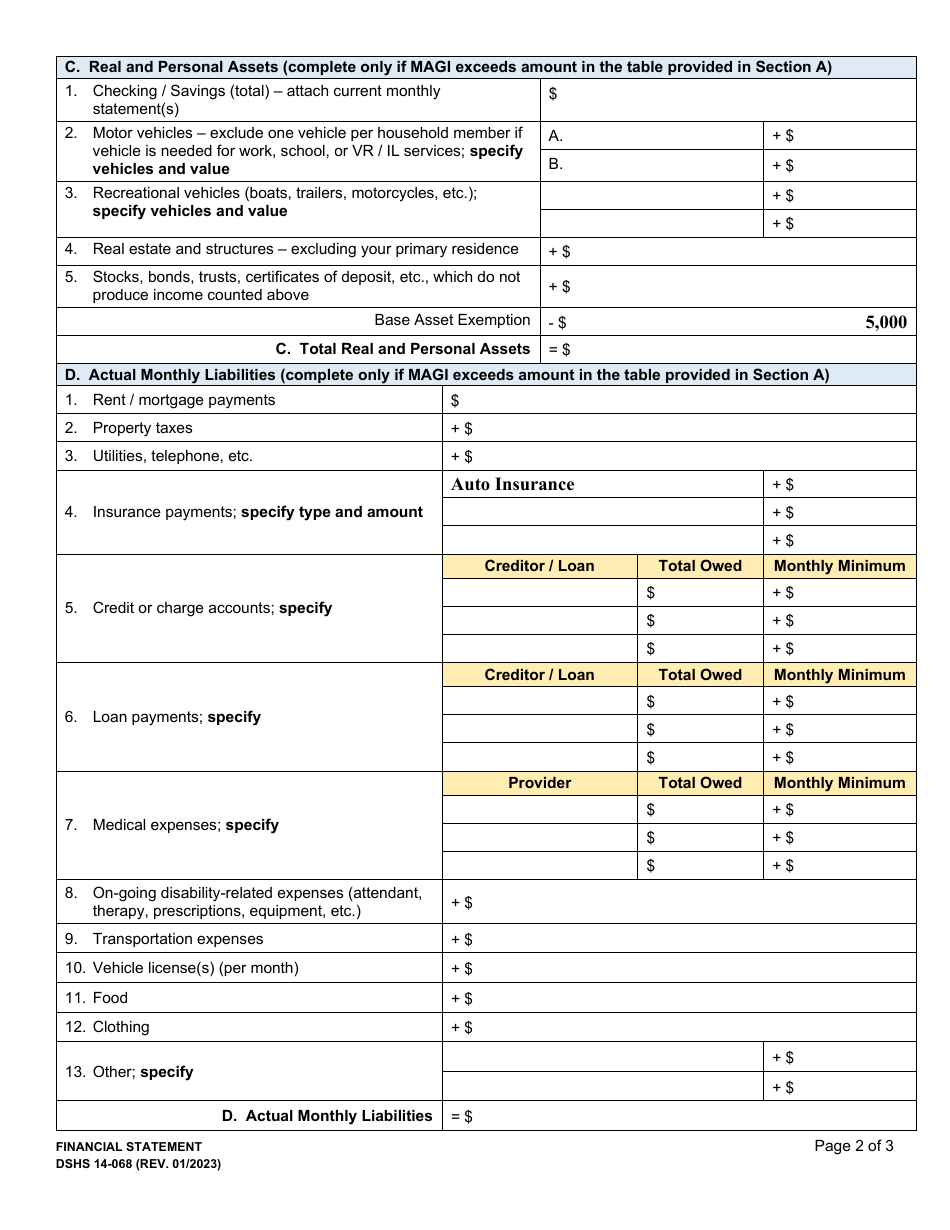 DSHS Form 14-068 Financial Statement - Washington, Page 2