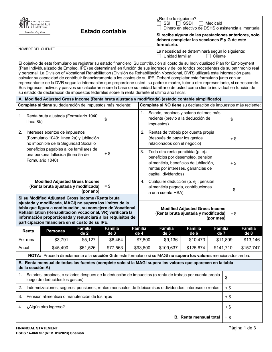 DSHS Formulario 14-068 Estado Contable - Washington (Spanish), Page 1