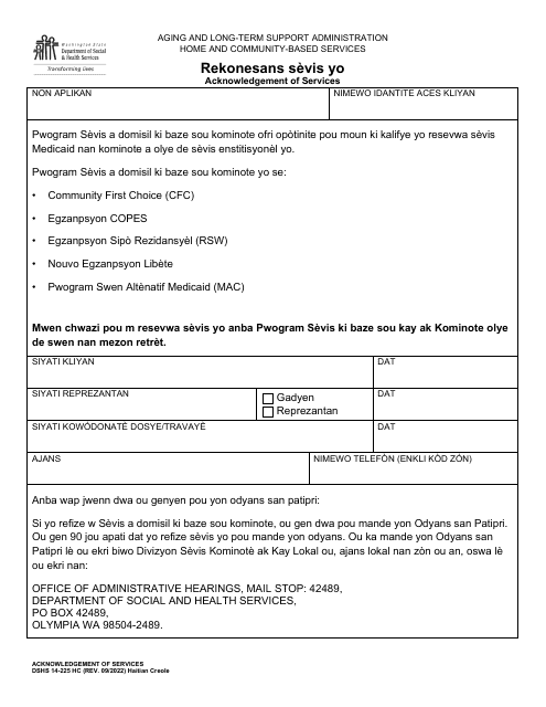 DSHS Form 14-225 Acknowledgement of Services - Washington (Haitian Creole)
